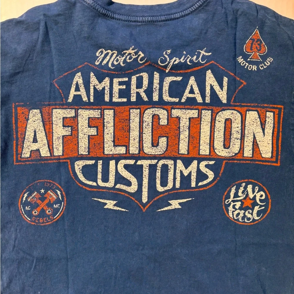 Vtg Affliction American Customs Indian Skull Choppers Y2K Blue Men’s Tshirt Sz M - Picture 8 of 8
